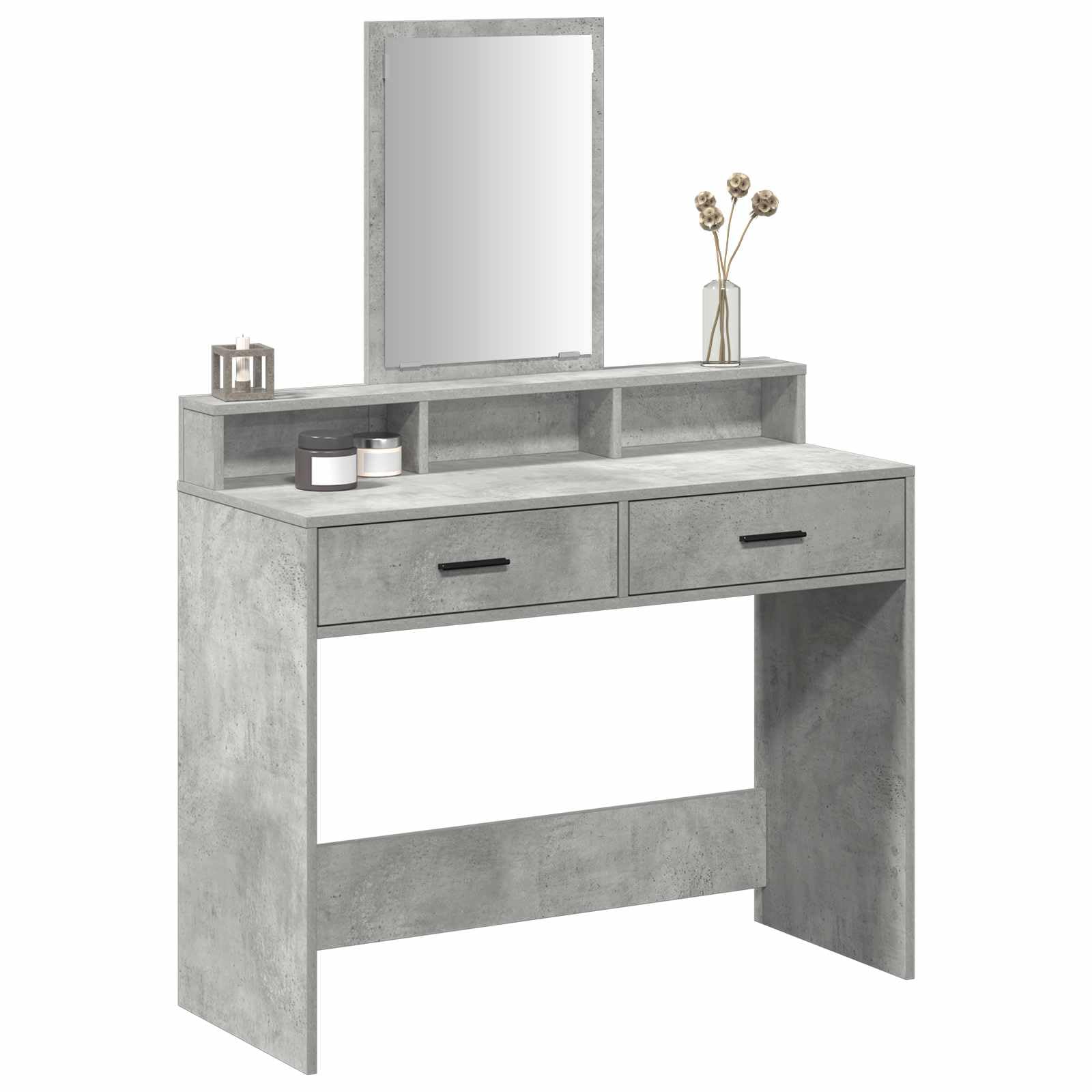 Tocador de hormigón gris de madera 100 x 41 x 140 cm con espejo, 2 cajones y estante para dormitorio, habitación juvenil, habitación de niñas, ahorra espacio y duradero