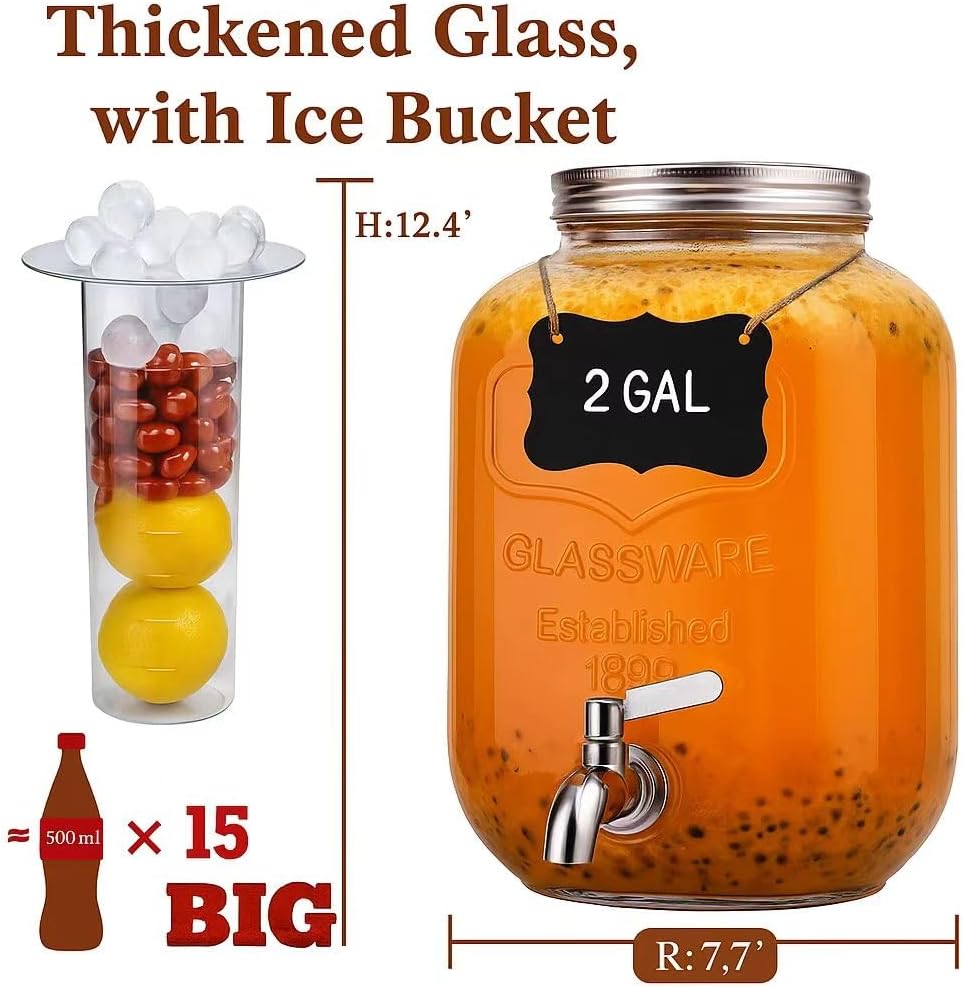 2 Gallon Christmas Drink Dispenser with 18/8 Stainless Steel Spigot – Glass Mason Jar for Sun Tea, Iced Lemonade, Holiday Parties, Outdoor Use & Laundry Detergent Holder