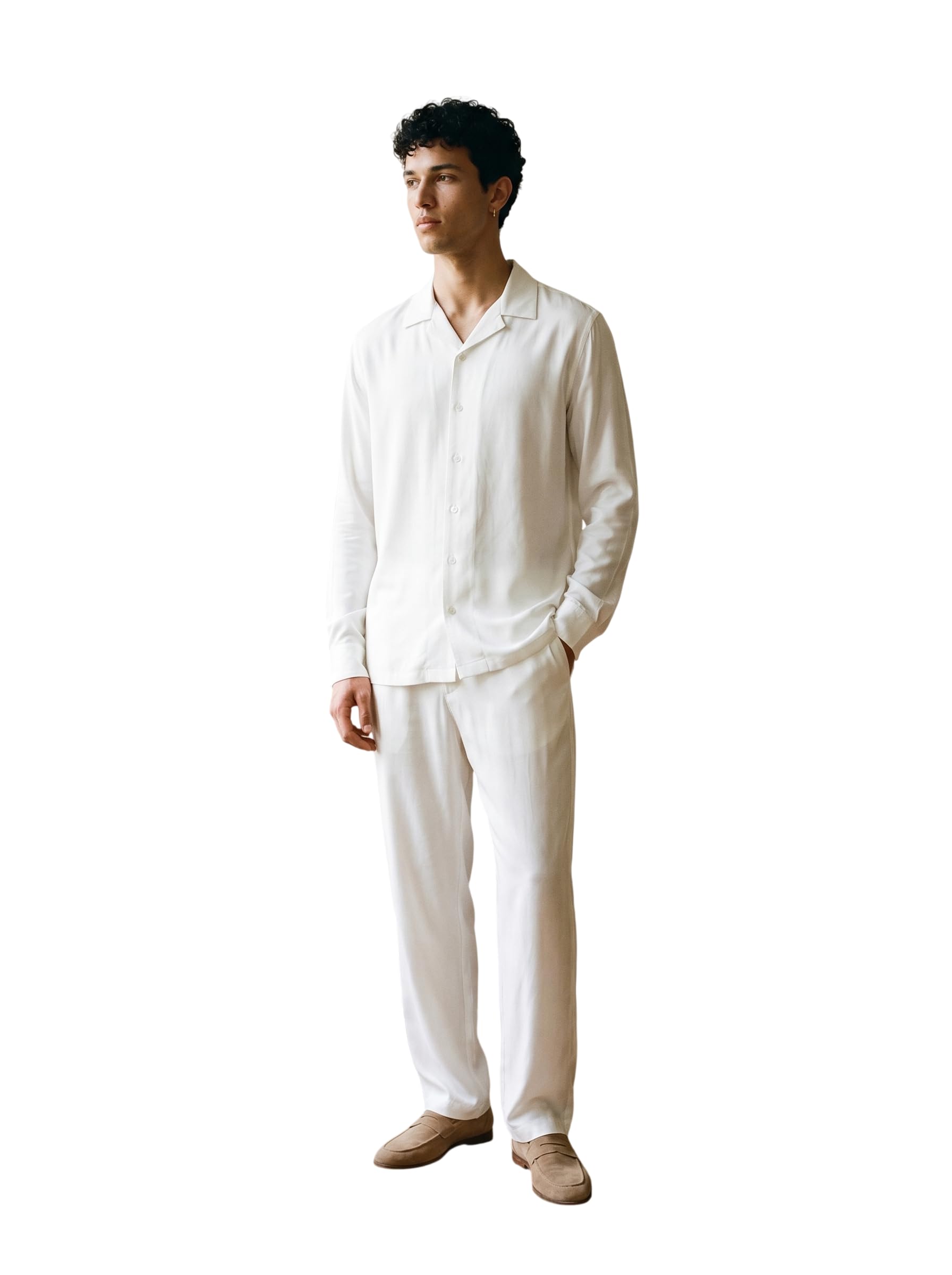 Mens Viscose Solid Relaxed Fit Co-Ord Set | Cuban Collar Neck | Full Sleeves Button Closure | Breathable Fabric | Stylish Shirt & Trouser Set | Black | Size S-image-30