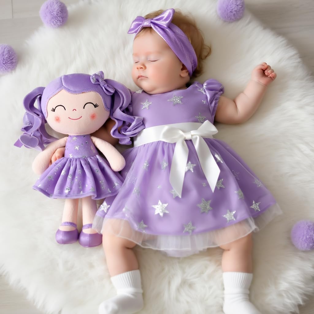 Gloveleya Doll First Baby Doll Plush Baby Doll Baby Dolls Soft Doll Baby Girl Gifts Curly Hair Purple Dress 12inches
