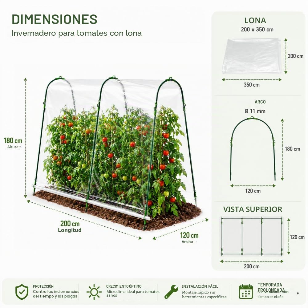 TERRE JARDIN – Invernadero para Tomates de jardín 200x180x120 cm con Lona Reforzada y Arcos de Acero – CREA un microclima, protección de Tomates contra la Intemperie, Ideal Maceta de Tomate