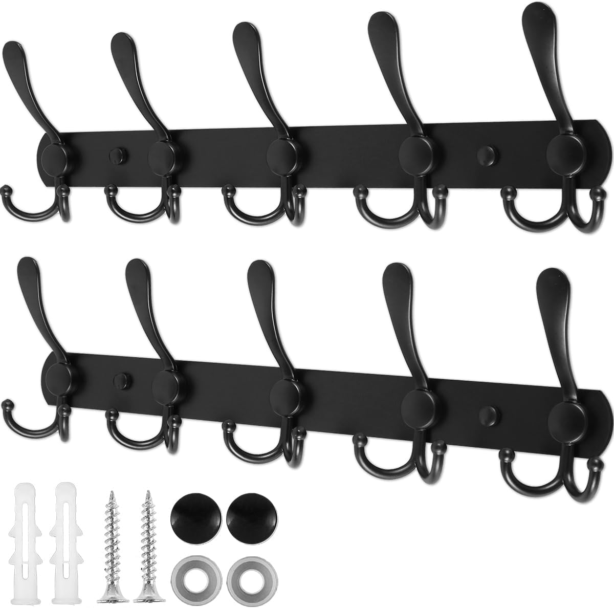 Coat Racks with 5 Hooks Wall Mounted Heavy Duty Rail Rustproof Towel Hook Rack Minimalist Wall Rack Hooks Multifunctional for Coat Hat Robes Towel Bathroom 41×12.7cm (Black 2PCS)