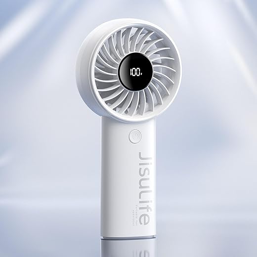 JISULIFE Handheld Fan Life4 with Powerful Motor,LED Display,3600mAh Battery,5 Wind Speeds,Lanyard; USB Rechargeable Hand held Fan; Summer Essentials Portable Fan for Travel,Makeup,Concerts-Light Gery