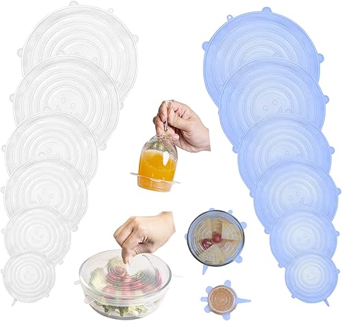 Tapas elásticas de silicona paquete de 12 fundas de silicona fundas reutilizables para almacenamiento de alimentos 6 tamaños diferentes para