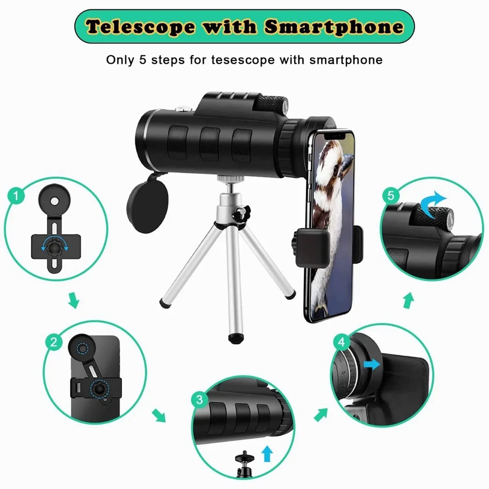 Telescopio Monoculare Ad Alta Potenza 40X60 Visione Notturna HD Impermeabile con Clip per Telefono e Treppiede Telescopico per Escursionismo, Caccia e Birdwatching