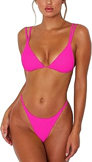 Women's Sexy Thong Bottom Two Piece Bikini Double Shoulder Straps Cute Swimsuit Triangle Bathing Suit