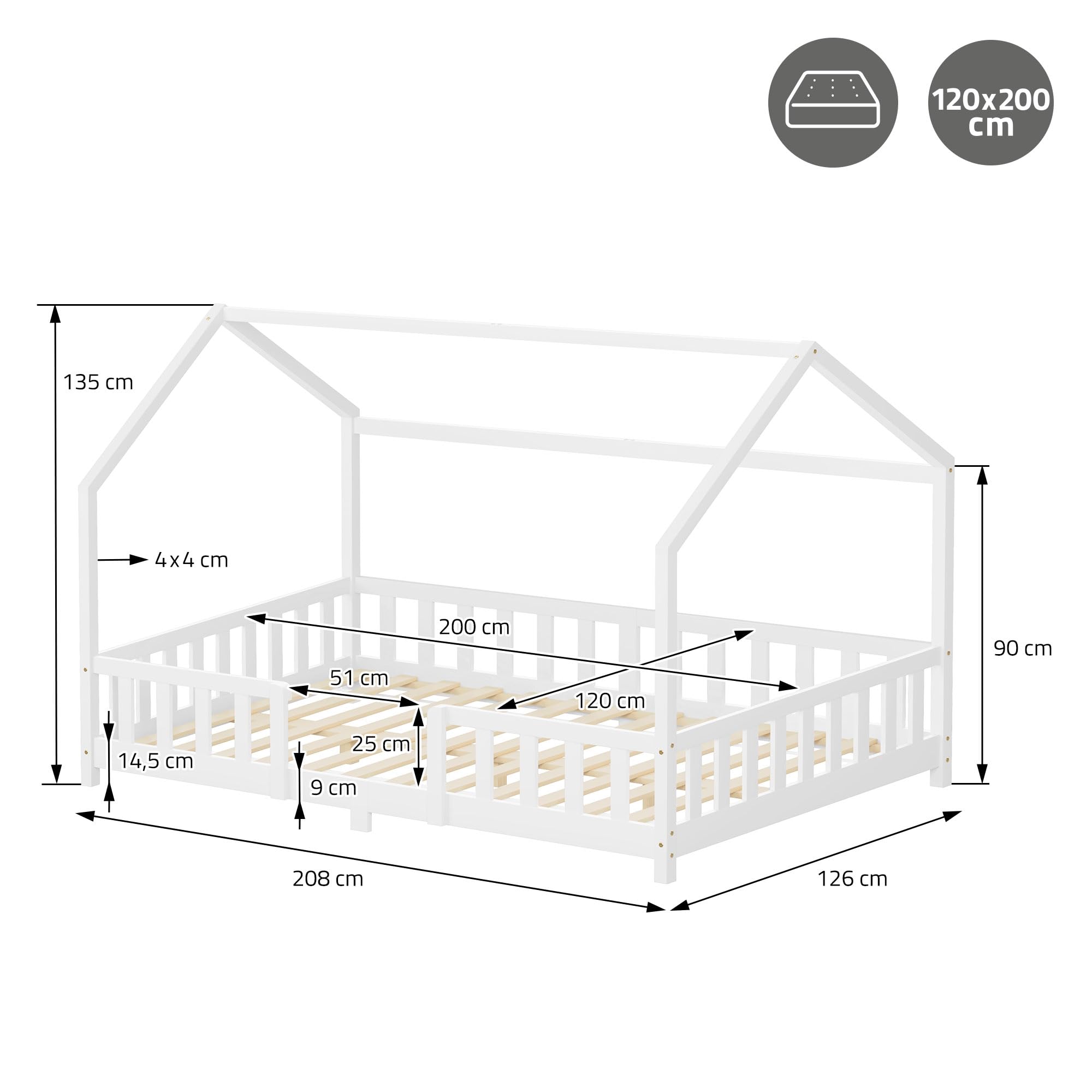 ML-Design Letto a Casetta per Bambini 120x200 cm Una Piazza e Mezza con Protezione Anticaduta, Tetto e Rete a Doghe, Bianco, Letto Montessori a Terra in Legno Massello di Pino, per Cameretta
