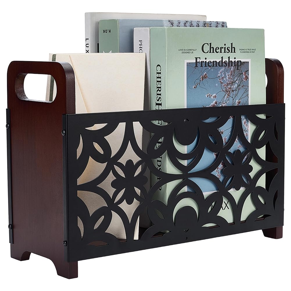UNICRAFTALE Coconut Brown Magazine Holder Rack with Floral Cutout Design Rectangle Wooden and Iron Newspaper Storage with Handles for Living Room Office Vinyl Records 33.2x13.3x23.5cm