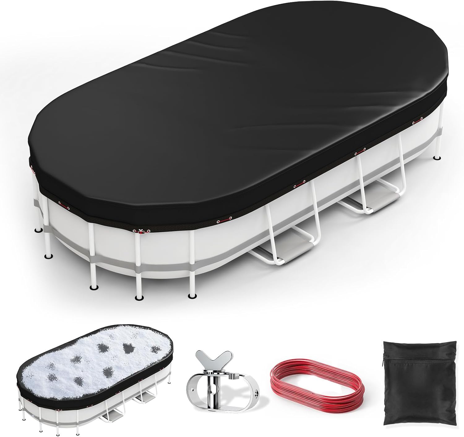 Oval Winter Pool Cover 9 x 18 FT, Upgraded 420D Heavy Duty Pool Covers for Above Ground Pool with Winch and Cable, All Season Inflatable Pool Cover for UV Resistant, Waterproof and Dustproof