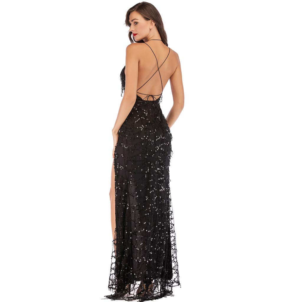 Abito da donna, per feste, da sposa, elegante, lungo, da sera, a maniche lunghe, con nappe, con paillettes, maxi abito con lucido
