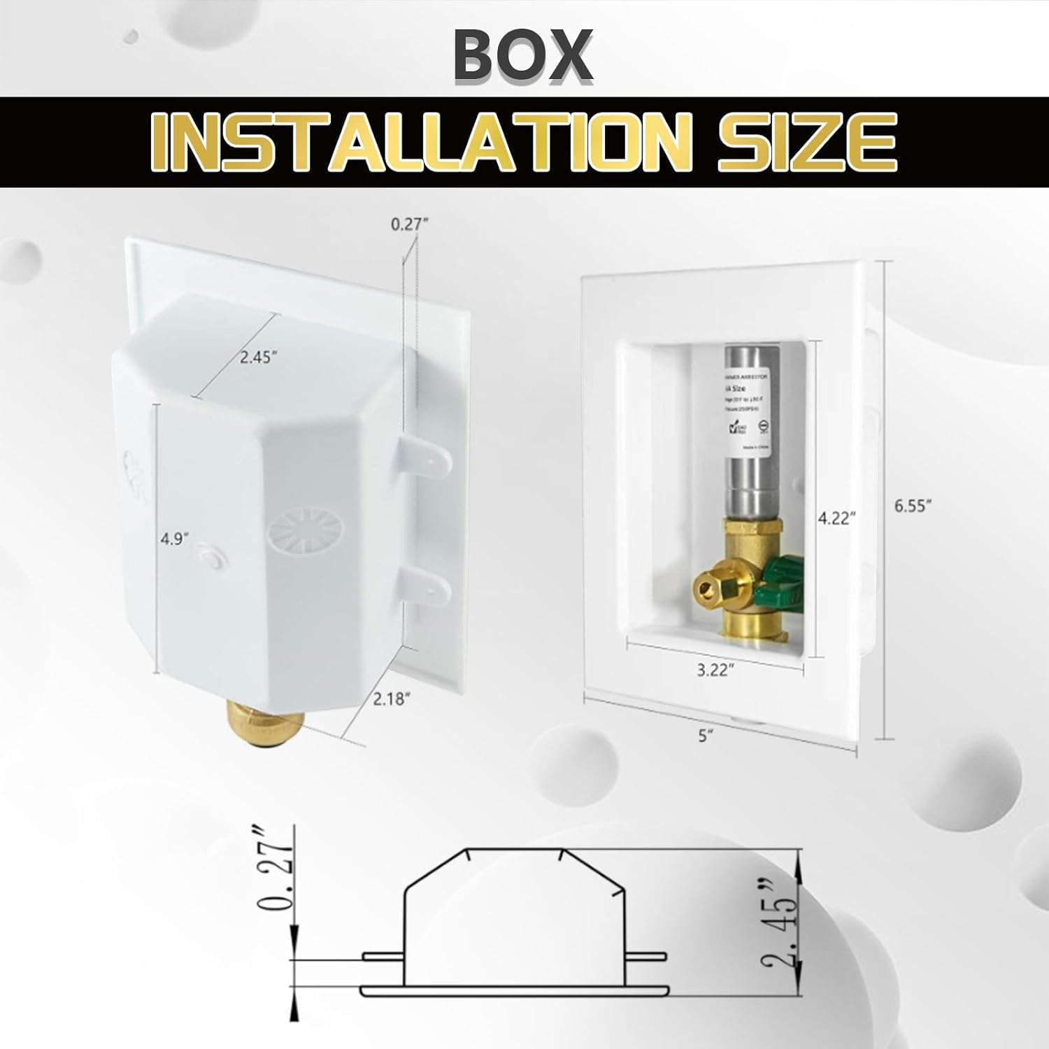 2 PCS Foskan 1/2" MIP Sweat Inlet Ice Maker Outlet Box (Pre-Assembled), 1/4" OD Compression Outlet, with Installed Green-Handled Quarter-Turn Ball Valve and Stainless Steel Hammer Arrestor