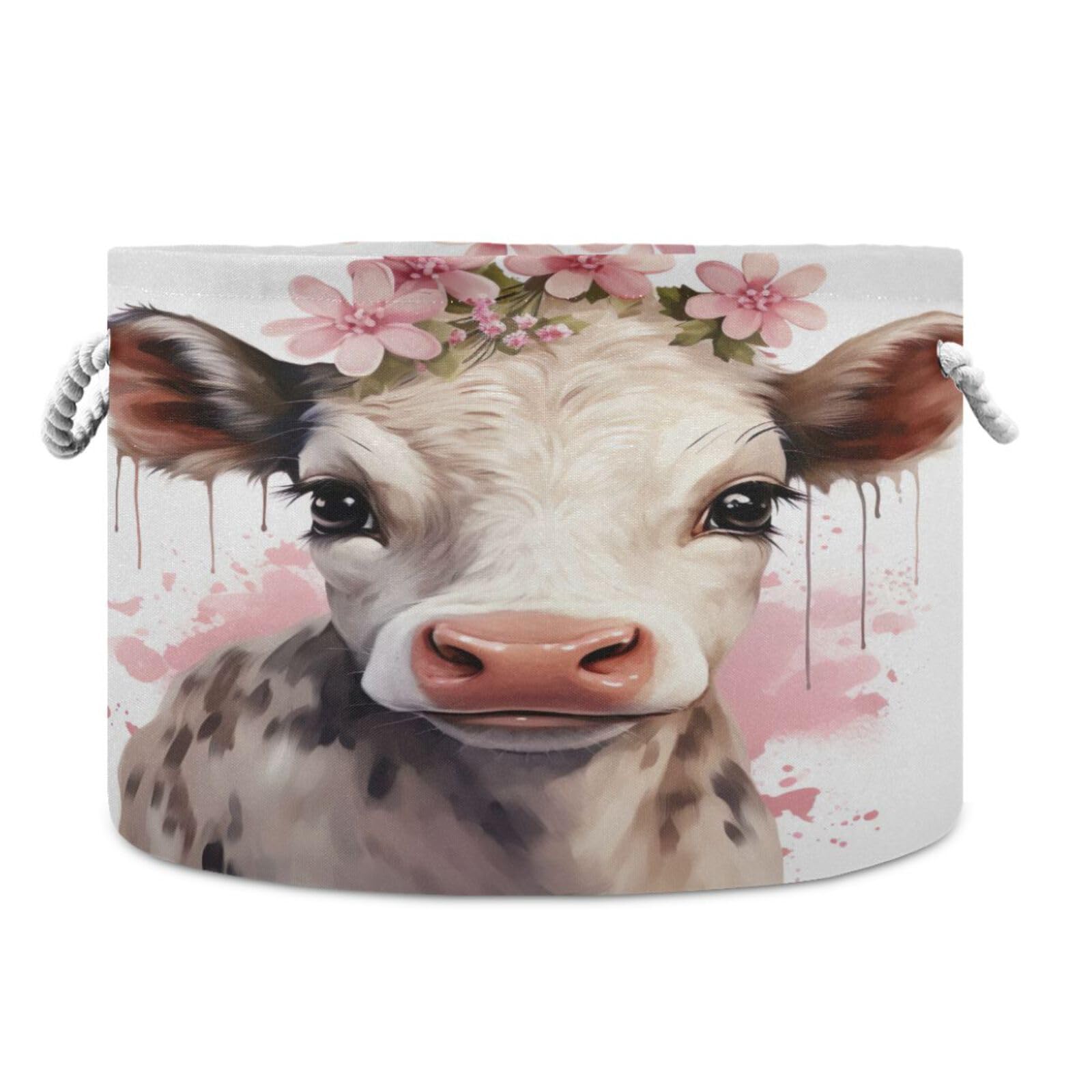 Round Cute Baby Cow Pink Flower Storage Basket Large Organizer Bin Laundry Hamper Toy Storage Basket with Handle for Nursery Clothes Toys 202b4816