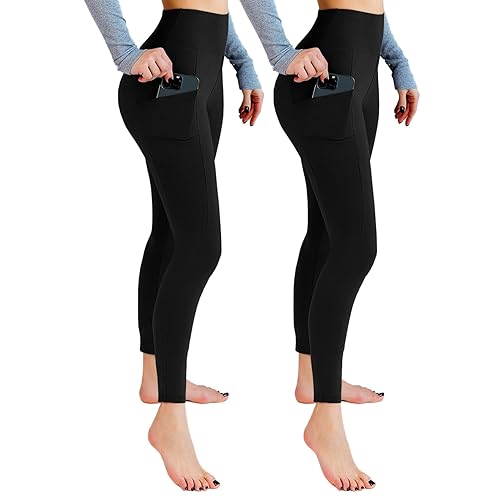 Leafigure 2 Pack Leggings with Pockets for Women, High Waisted Soft Leggings for Yoga Gym - Black - Small-Medium