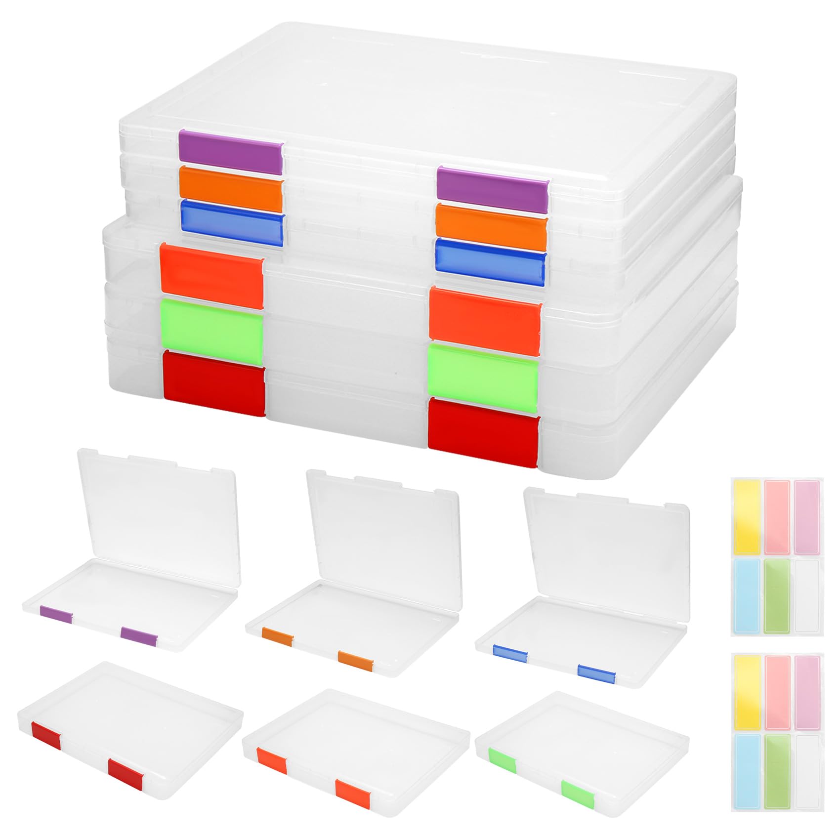 6 Pcs Clear A4 File Box A4 File Portable Project Case Plastic File Storage Box Board Game Storage Scrapbook Paper Storage Boxes with Buckle and Colorful Sticker Labels Documents Magazines Holder