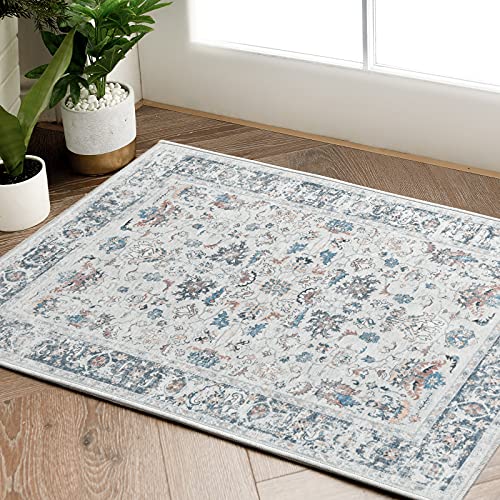 TOPICK Door mat 60x90cm Entryway Floral Grey Washable Rug Indoor Vintage Chenille Print Doormat Thin Small Rug Lightweight Non Slip Carpet for Kitchen Bathroom