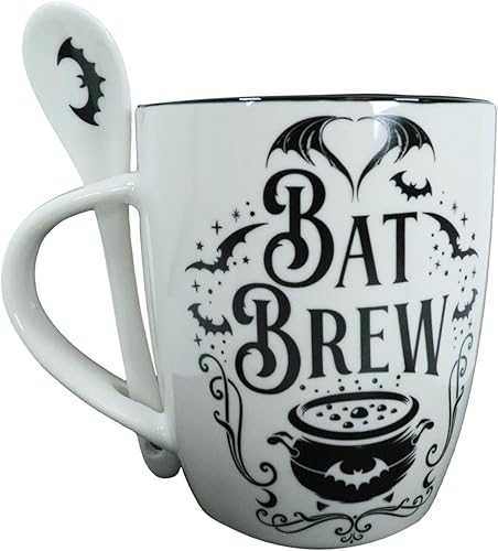 Ebros Gift Wicca Gothic Alchemy - Juego de taza y cuchara de porcelana con mango integrado para reposar cucharas y tazas de café y té de 13 onzas