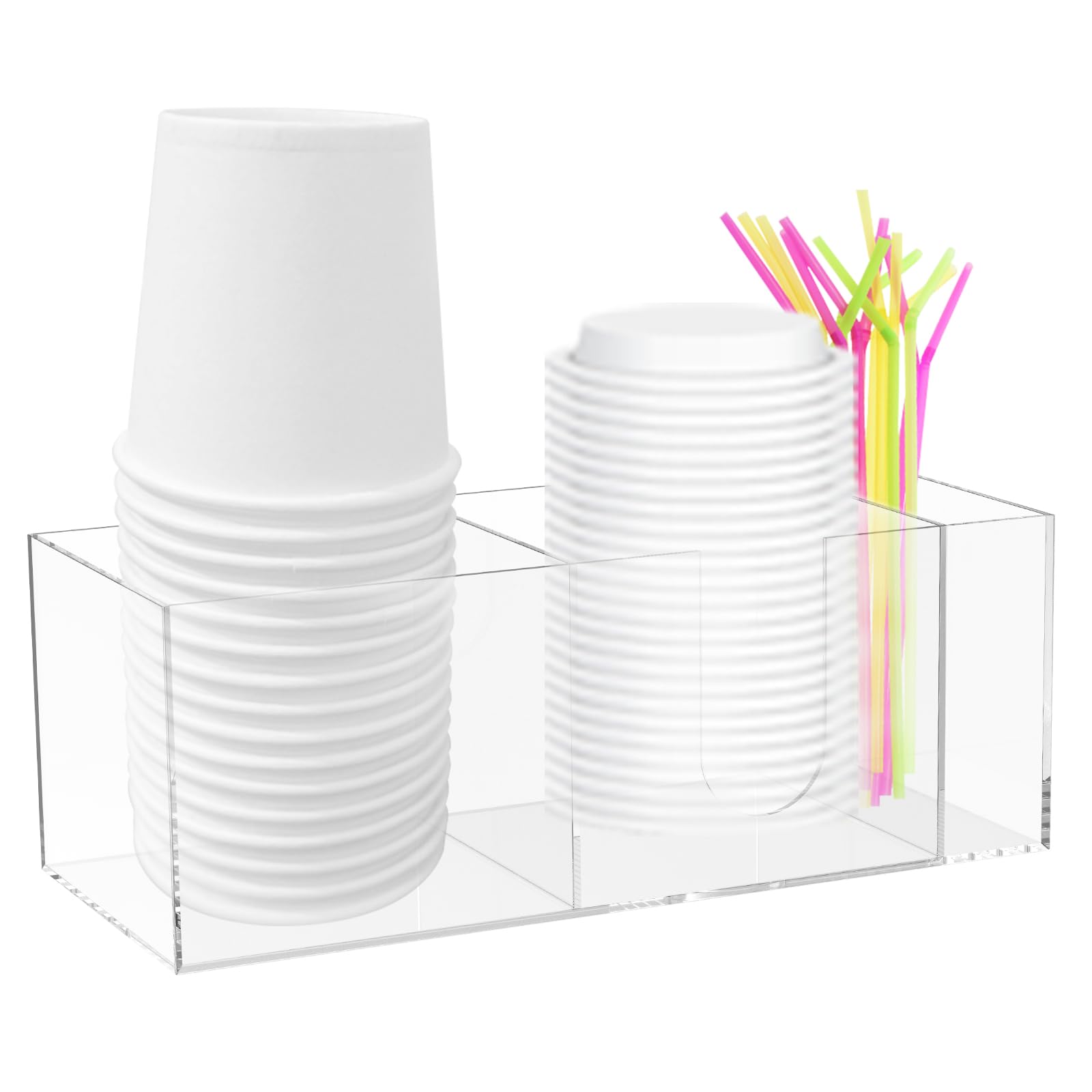 Coffee Station Organizer, 3 Grids Cup and Lid Holder, Acrylic Disposables Cup Dispenser with Coffee Pod Straw Storage Basket, Coffees Bar Organiser for Office Kitchen Breakroom Countertop(transparent)