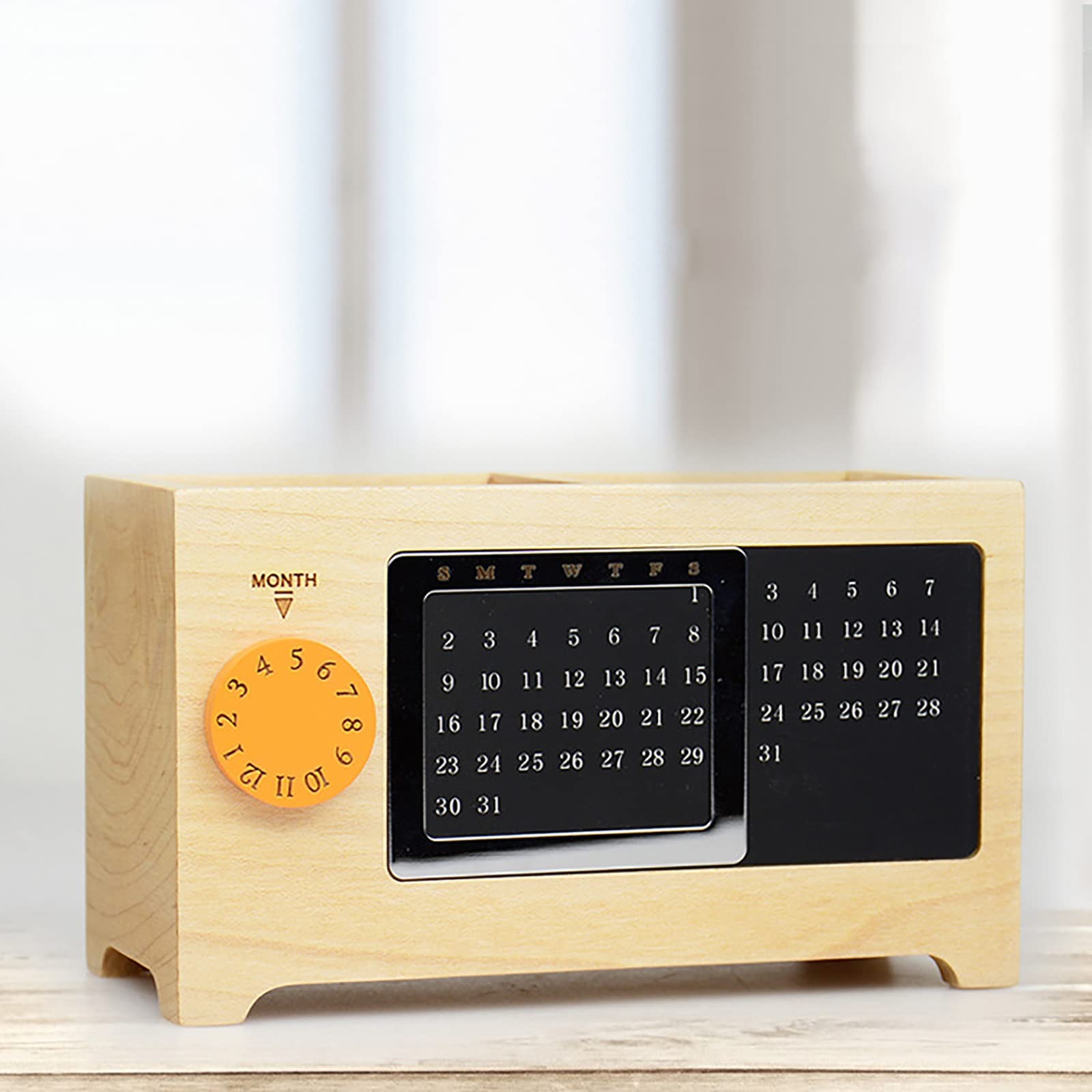Bleistifttopf aus Holz Ewiger Kalender Stifthalter aus Holz Organizer für Homeoffice(Natural)