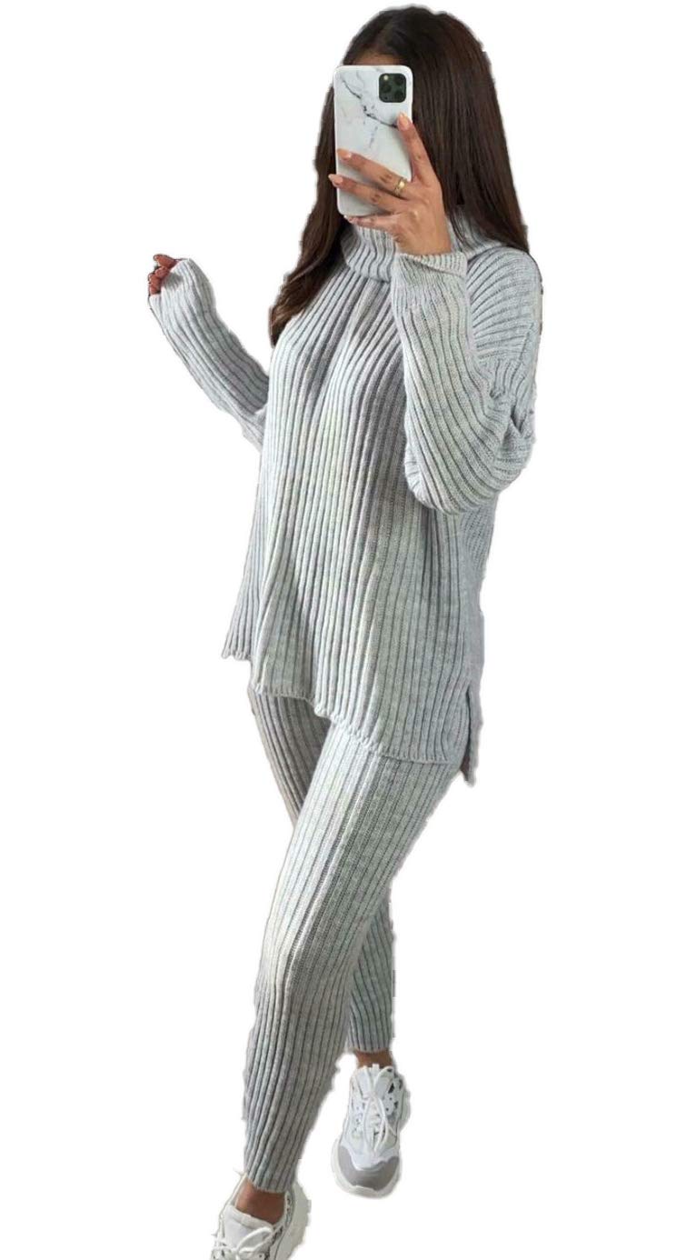 Crazy FashionTracksuit For Women UK Ladies Chunky Knitted High Roll Neck  Winter Top Ribbed Bottom Loungewear Long Sleeve Legging Women's Warm Jumper