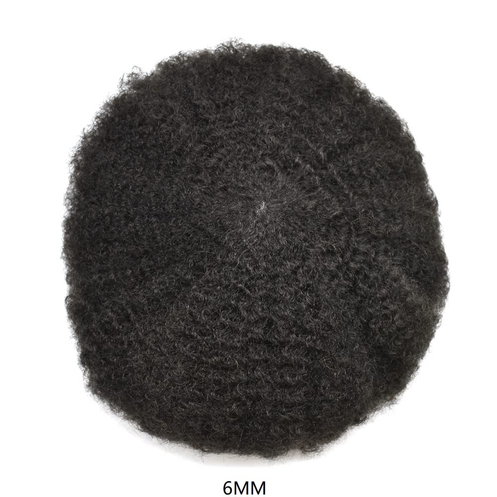 French Lace Afro Toupee Black Men Brazilian 6mm Wave Curly Hair Unit Black Men Breathable Natural African American Man Hairpieces #1B Off Black