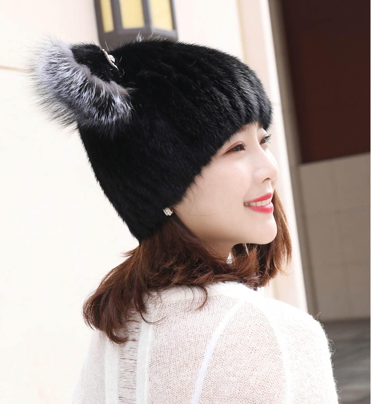 Women Winter Hat Real Mink Hair Cap with Accessory Girls Warm Knitted Skullies Beanies Cold Weather Hats