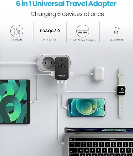 Miniatura 4 de VINTAR - Adaptador de viaje universal, adaptador de corriente internacional GaN de 75 W con 3 USB C PD y 2 USB A QC, todo en uno esenciales de viaje