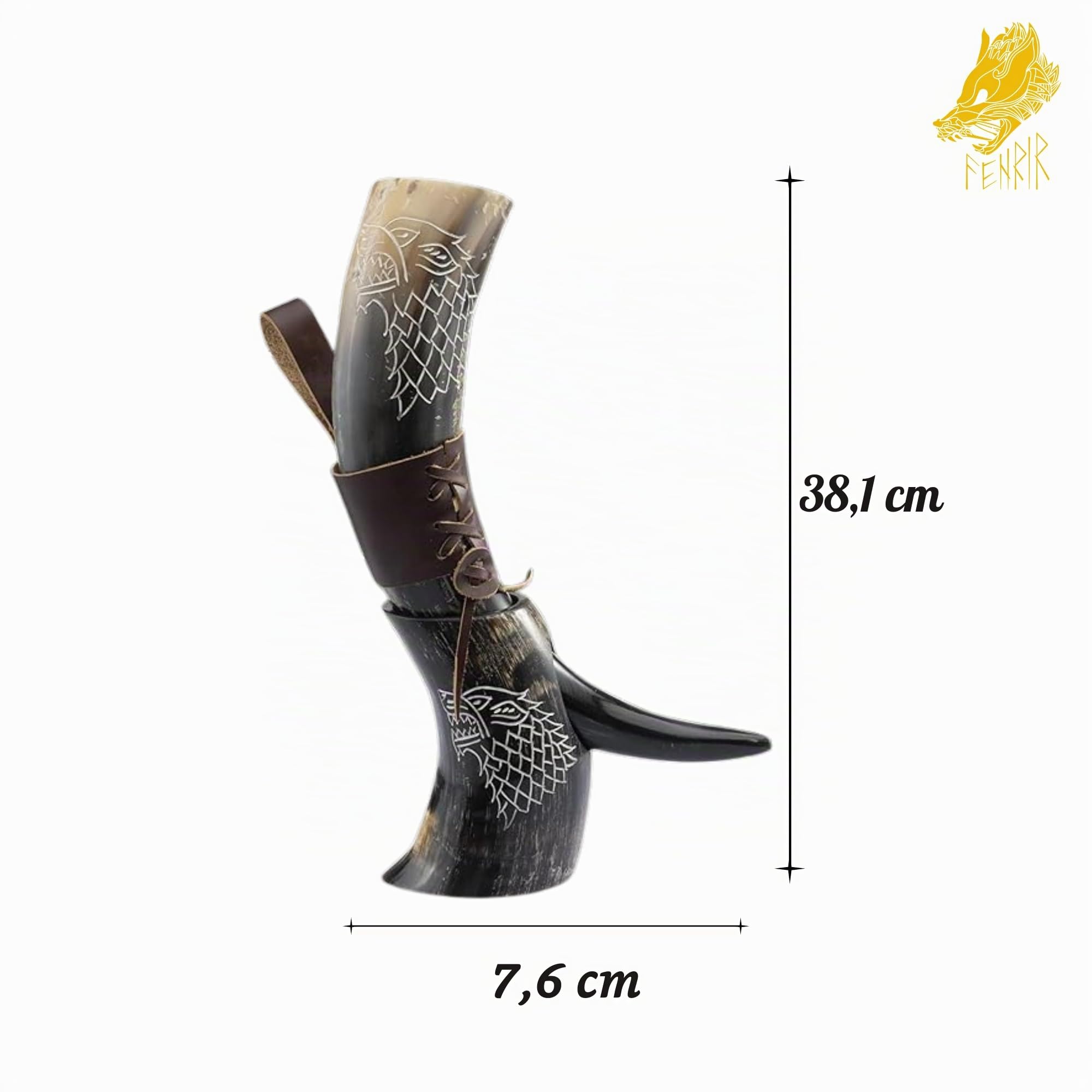 FENRIR Wikinger Trinkhorn aus echtem Leder mit braunem Holsteröffner, Wolf für Ale Met, Geschenk für Männer und Frauen, 100 % authentisches mittelalterliches Nordhorn, Größe 425 - 510 ml, natürlicher