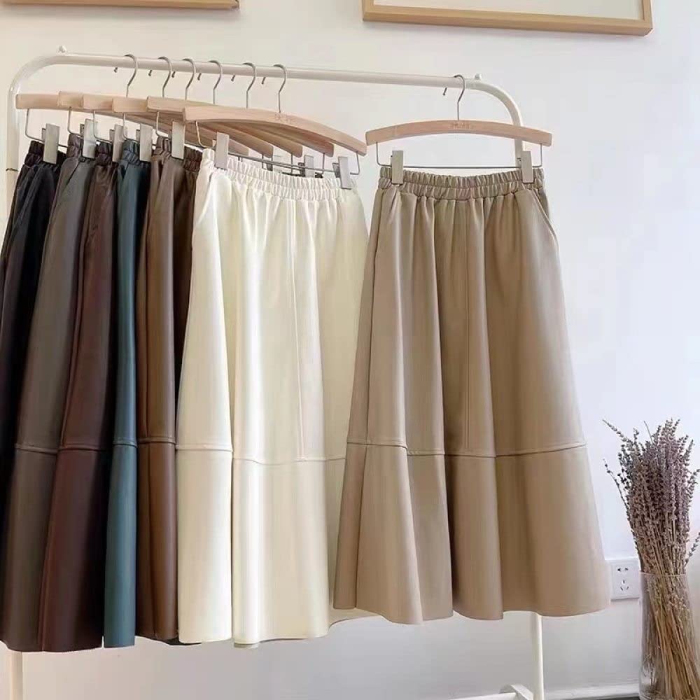 OZEO Röcke Damen,Damen Schlichter Pu-Lederrock Schwarz Hohe Taille Midirock Nähte Tasche A-Linie Schaukel Geraffte Einfache Lange Röcke Für Mädchen Damen Herbst Winter,M