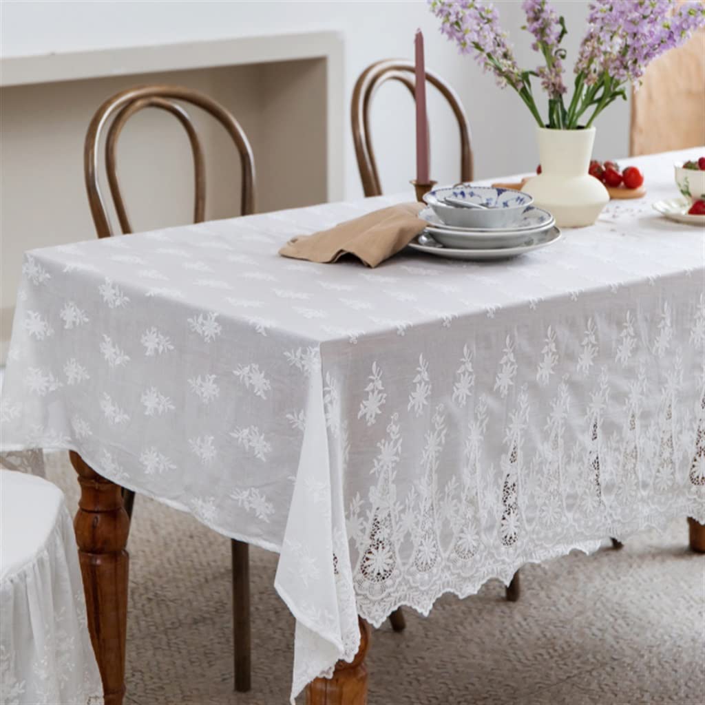 Nappe en dentelle blanche coton 160x240 cm pour table ronde ou carrée HGCHH