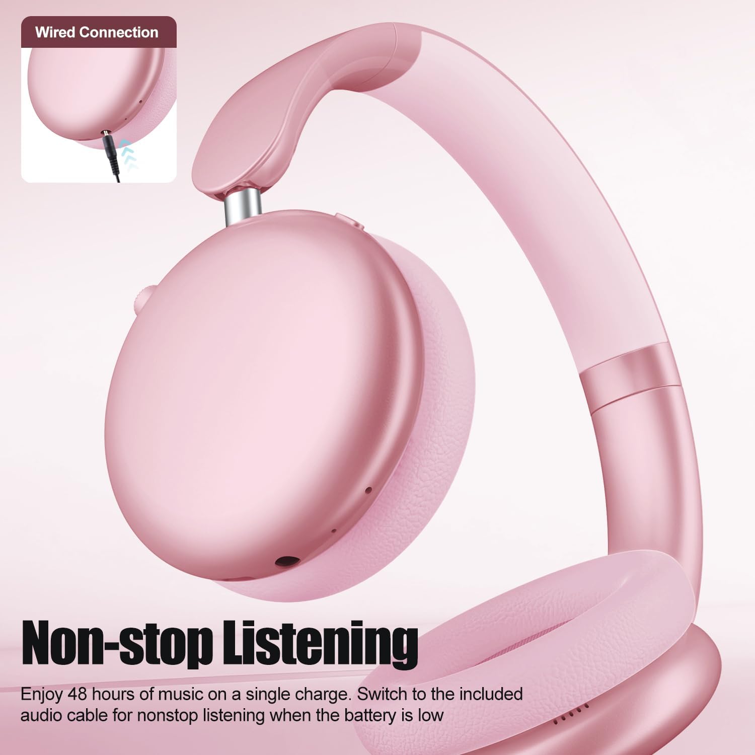 Wentronic Y06 Noise Cancelling Headphones,58H Playtime and 5 EQ Music Modes Wireless Over Ear Bluetooth Headphones with Microphone,Lossless Audio,Multipoint Connection,Foldable,Lightweight,Pink - Image 3
