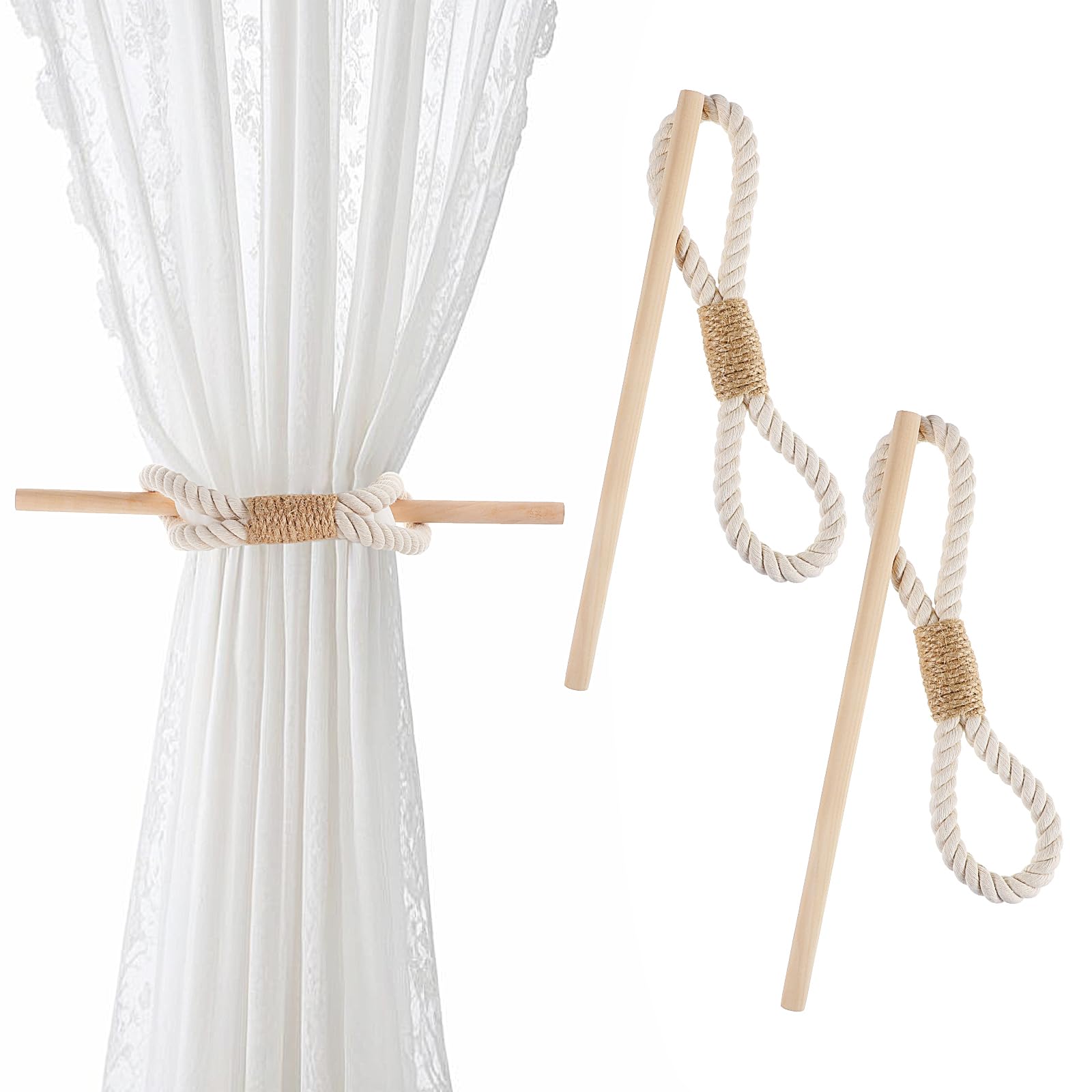 MAKNGRID (112107 2 Pcs Farmhouse Curtain Tiebacks, Boho Rustic Holdbacks for Drapes, Rope Curtain Tie Backs with Wood Club Cotton Jute Rope Curtain Holder Natural Woven Curtain Ties for Home & Office-image-24