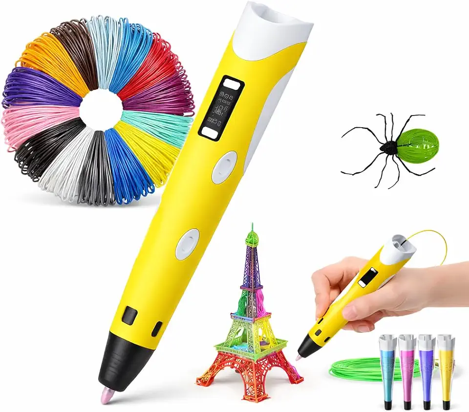 Caneta 3D Amarela com Refil Colorido, LCD, para Impressão 3D, Ideal para Crianças e Adultos
