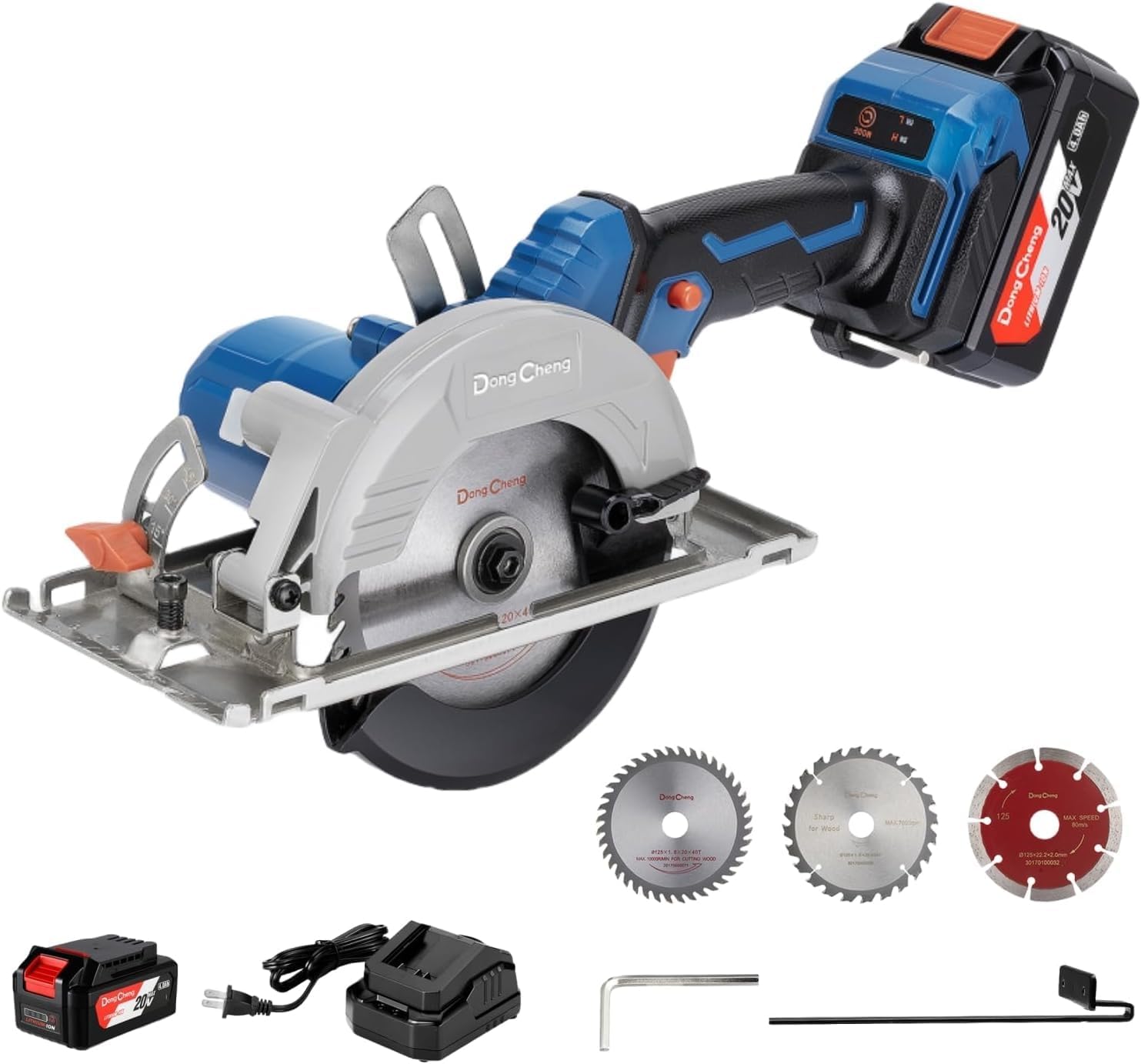 DongCheng 20V Max Cordless Circular Saw, with 3 Blades(5''), Brushless, 6700 RPM, Compact Hand Saw Max Cutting Depth1-3/4(90°), 1-3/10'' (45°), Including 4.0Ah Battery, Charger and Carry Bag