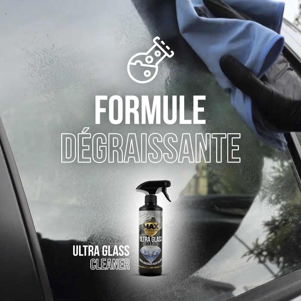 MAX DETAIL-LAB - Ultra Glass 5L - Nettoyant Vitre Voiture, Formule Dégraissante Nettoyage Brillance, Lave Fenêtre Auto Anti-Pluie Accessoire Microfibre Inclus, Produit Detailing Professionnel 5 Litres