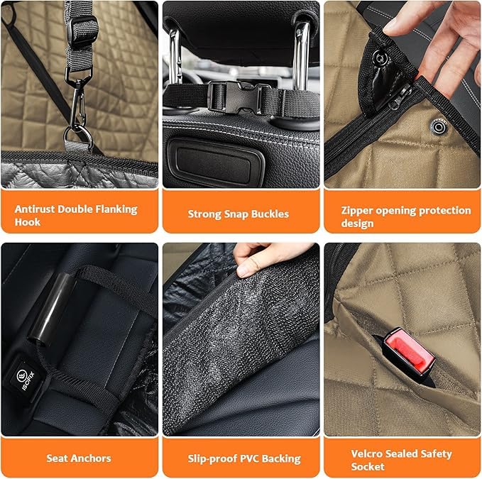 Image of 6-in-1 Dog Car Seat Cover for Back Seat, Waterproof Dog Car Hammock with Mesh Window, Non-Slip Pet Backseat Protector for Cars, Trucks and SUVs(Beige, 6 in 1 Dog CAR SEAT Cover)