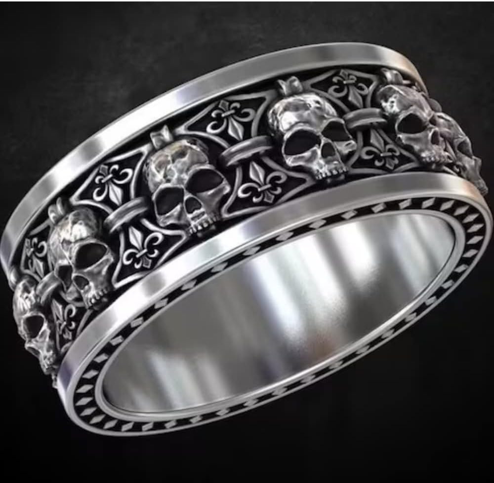 Ssjewel Gothic Punk Skull Wedding Eternity Band Groom Engagement Ring Handmade Fine Oxidized 925 Sterling Silver Bikers Unique Vintage Black Eyes Skull Band Ring Antique Gift For Men & Women