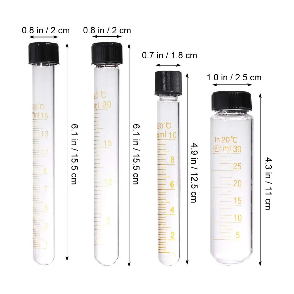 Tubo de ensayo de centrífuga de vidrio, 5ml, 10ml, 15ml, 20ml, 25ml, 50ml, 100ml, tubo de ensayo de vidrio graduado, tubos de fondo redondo con tapón de rosca(20ml 8pcs)