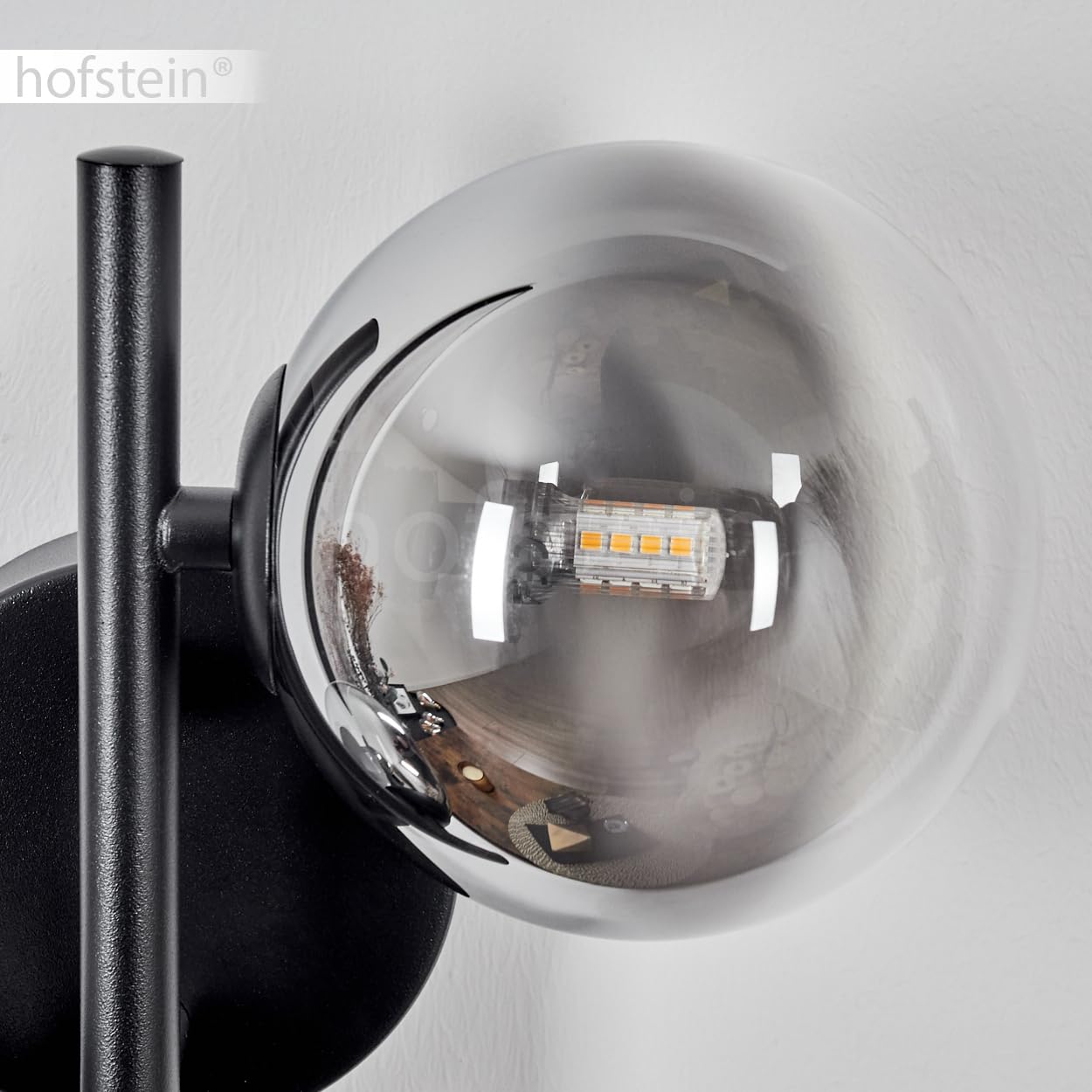 Wandleuchte Chehalis, moderne Wandlampe aus Metall/Glas in Schwarz/Rauchfarben/Klar, Leuchte im Retro/Vintage-Design mit Schirmen aus Glas (Ø 10 cm, 12cm), 2 x G9, ohne Leuchtmittel