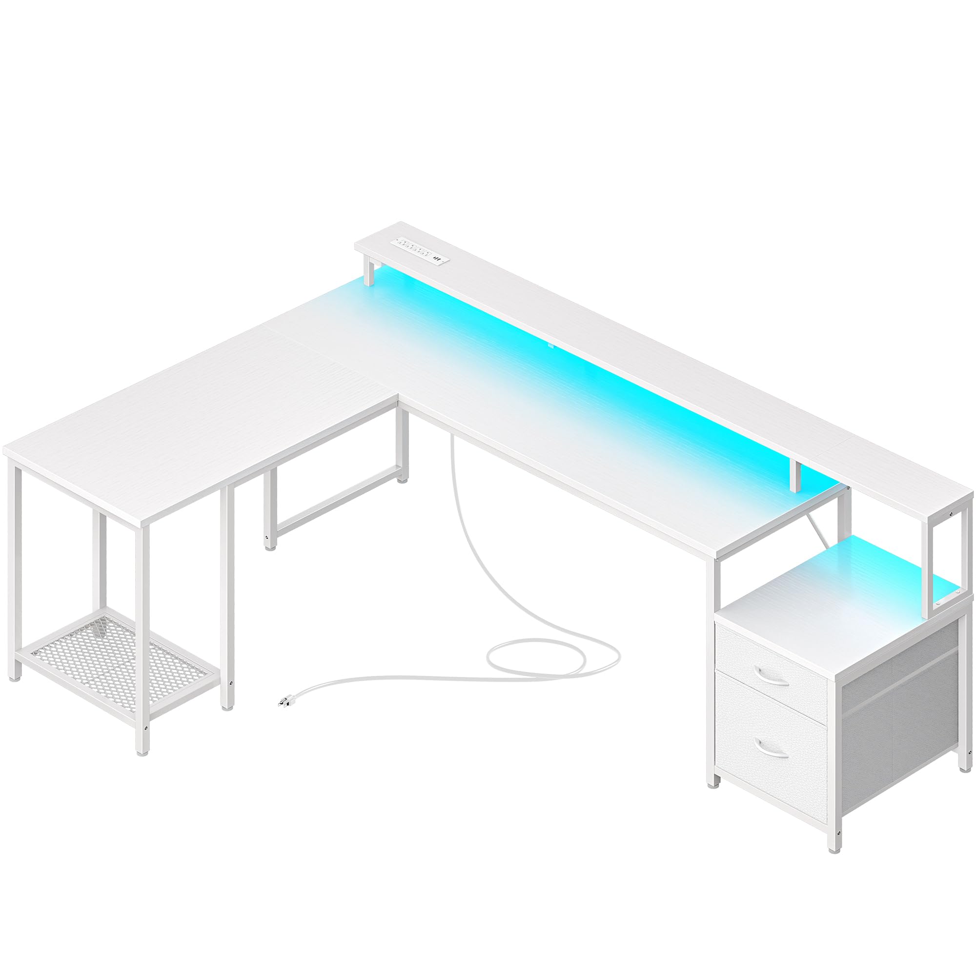 PRAISUN 66" L Shaped Gaming Desk with LED Lights & Power Outlets
