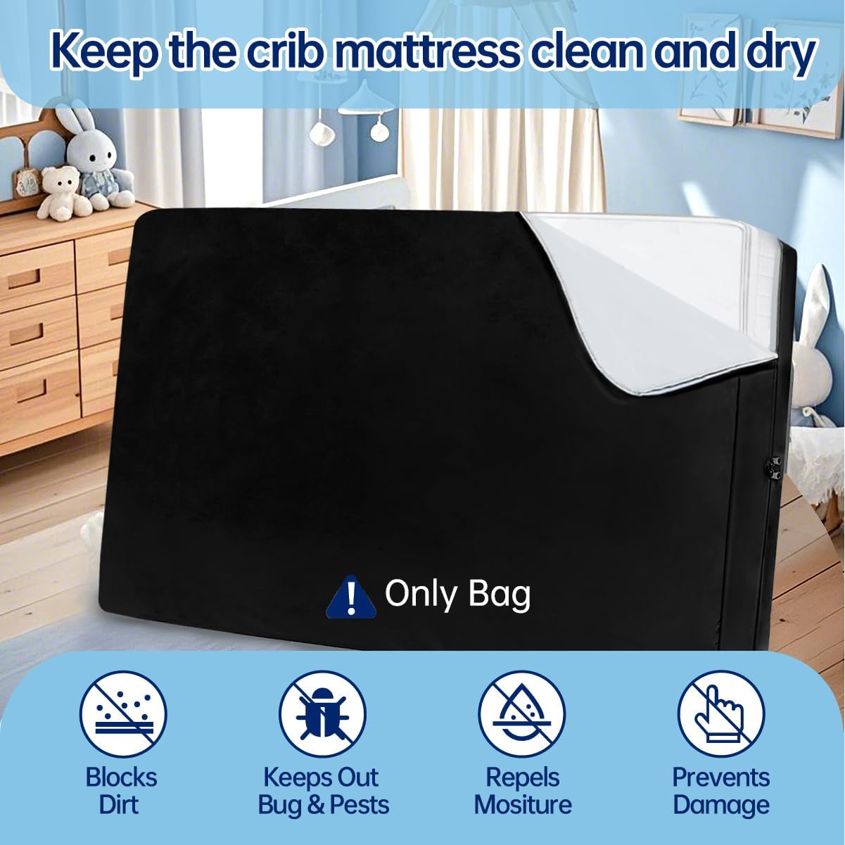 Crib Mattress Storage Bag with Zipper Heavy Duty Water-Resistant Crib Mattress Cover for Moving & Long-Term Protection,Reusable,Universal Fit