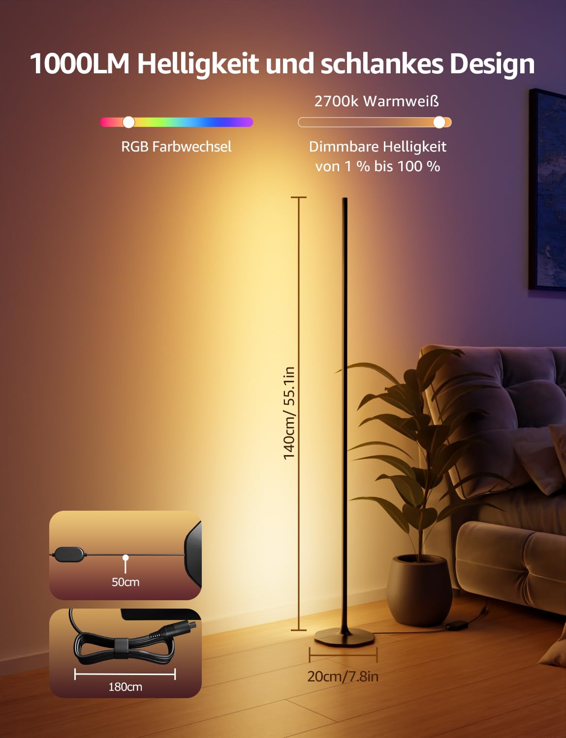 Lepro AI Smart Stehlampe Wohnzimmer OE1, Kompatibel mit Alexa/Google | Stehlampe Dimmbar (140CM), Sprachsteuerung/Musik Sync/DIY, Personalisierter KI-Lichtdesigner, 16 Millionen Farben