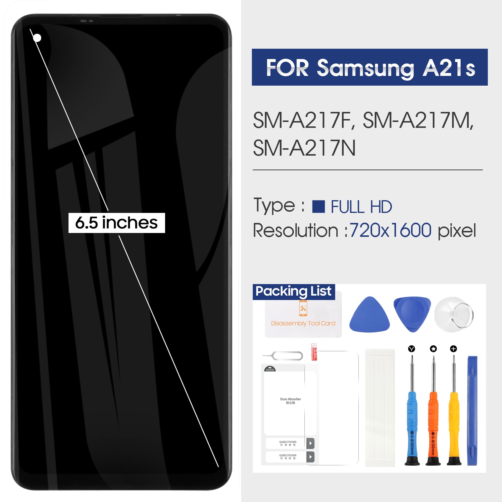 per Schermo Samsung Galaxy A21s A217 SM-A217F LCD Display Touch Screen Digitizer Vetro Replacement Ricambio per Galaxy A21S LCD Assembly (Nero con cornice)