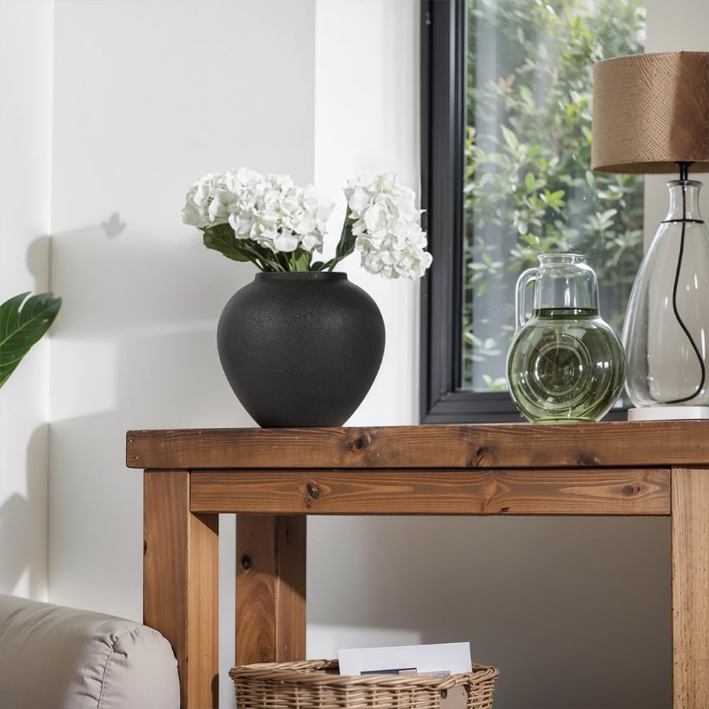 Mattschwarze Keramikvase ca. 21 cm, Moderne rustikale Deko Vase für Pampasgras, Blumen und Grün, Runde Tischvase als Centerpiece für Wohnzimmer, Flur und Regal