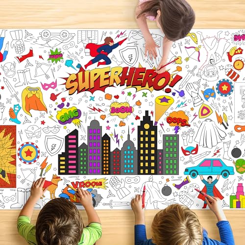 JOYGATHER Superhero Coloring Tablecloth for Kids Fun 30x72 Inch Poster with Capes Masks Comic Bursts Perfect for Boy Birthday Party Games Action-Themed Decorations Event Supplies
