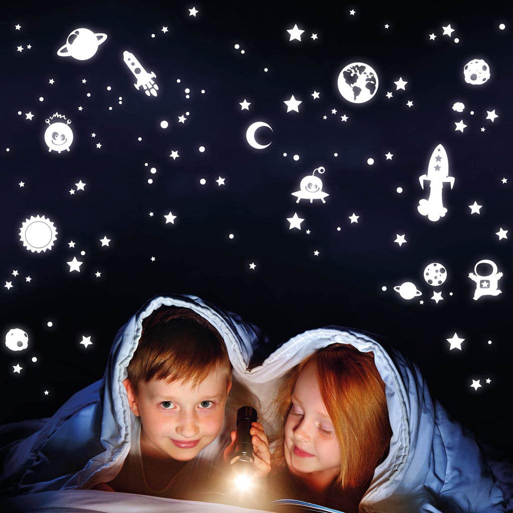 Wandtattoo Loft Leuchtaufkleber Weltall, 143 Stück/Mond, Sterne, Raketen und Kometen, Selbstklebende Lichtersterne, Leuchtende Sterne Aufkleber, Leuchtesterne Wand, Kinderzimmer Leuchtaufkleber
