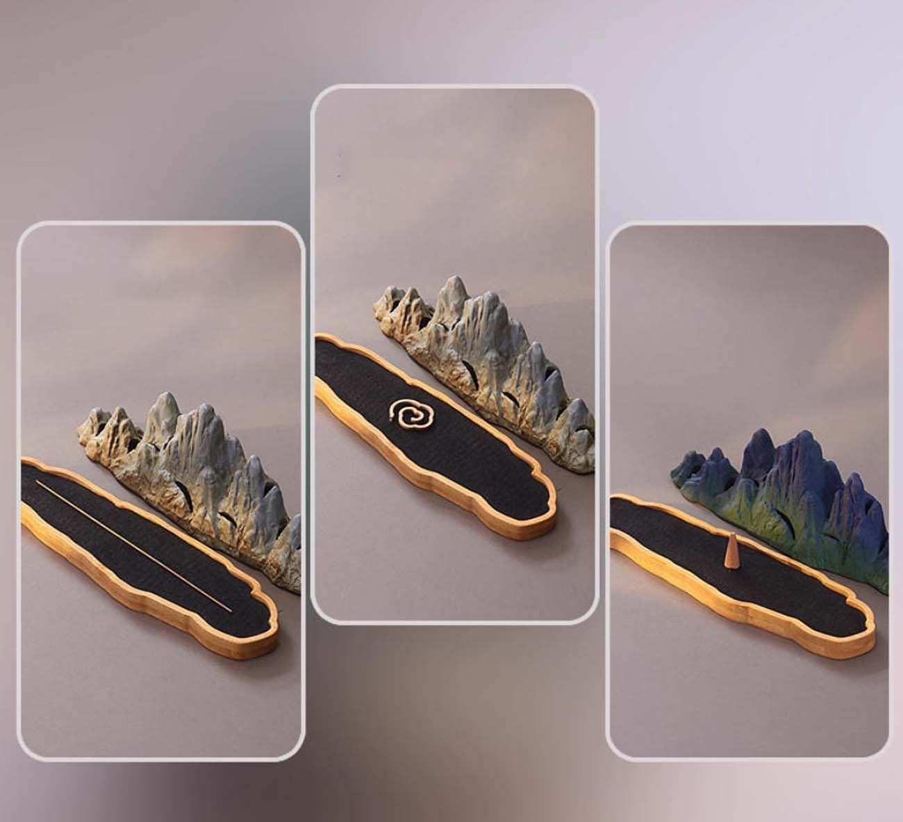 Mountain-Shaped Bedroom Ceramic Backflow Incense Burner，Tea Table Incense Holder with Bamboo Tray A02