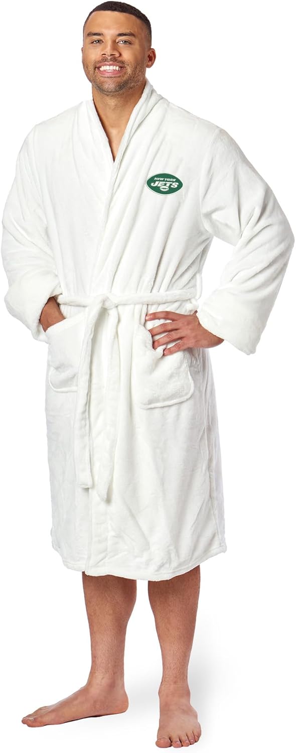 Northwest NFL New York Jets Adult Unisex Silk Touch Bathrobe, Large/X-Large, White, Officially Licensed Loungewear, Soft Plush Polyester