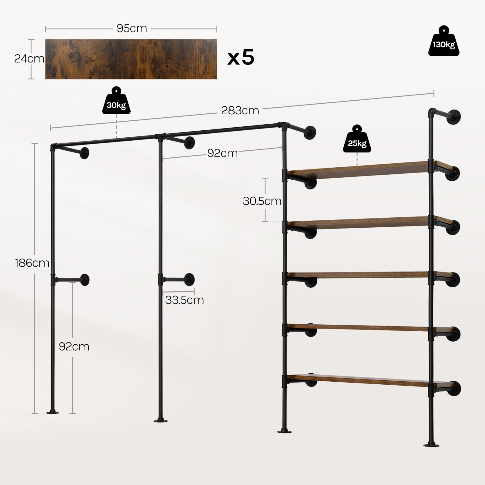 WOLTU Appendiabiti da Parete, Attaccapanni da Muro Metallico con Design Aperto, Appendiabiti con 5 Ripiani in Legno, 2 Aste, Stile Vintage, Nero + Marrone Rustico