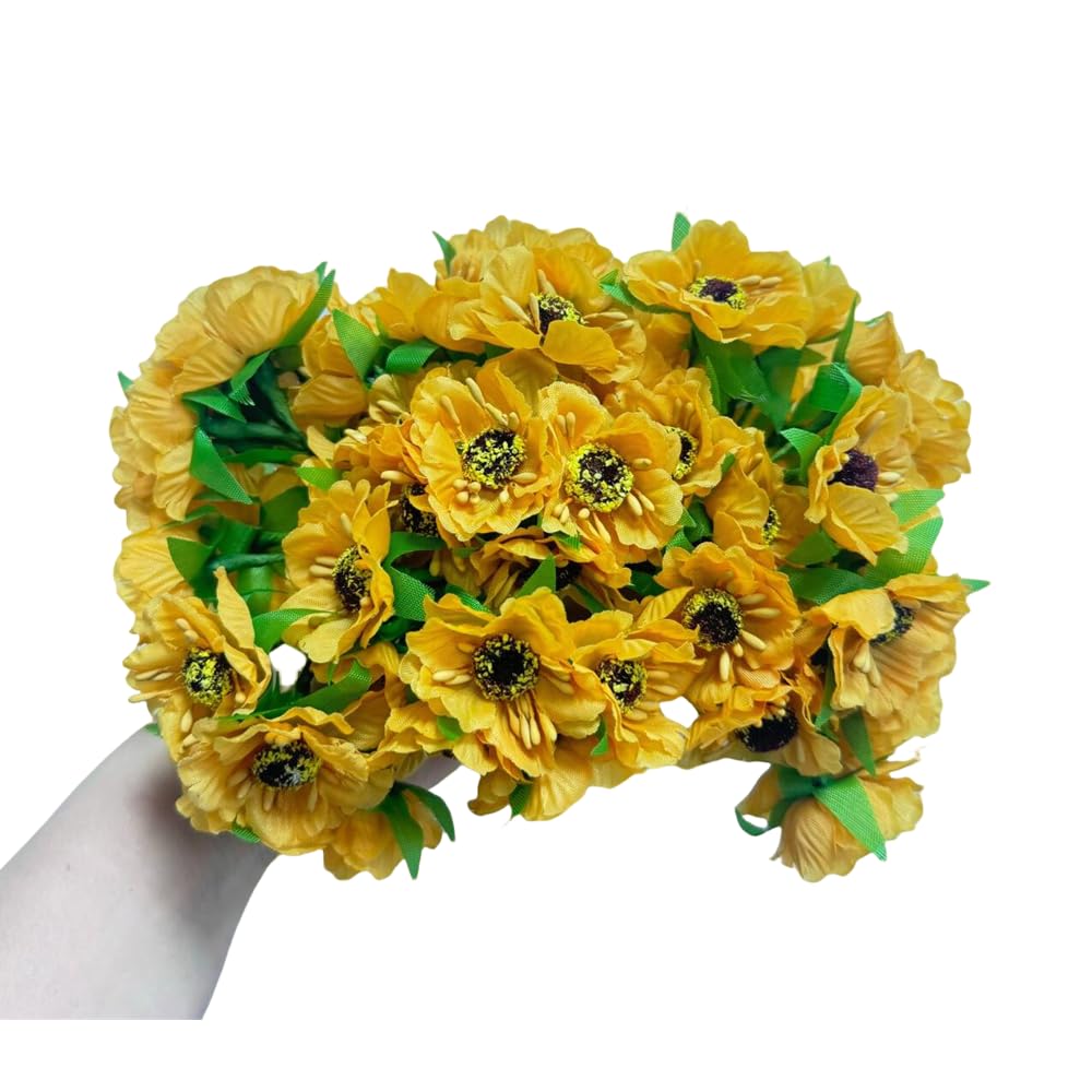 Rikyo 60pcs Mini Artificial Poppy Flowers Heads and Soft Stem,45mm Tiny Anemone Flower Green Leaf for Wedding Make Bridal Hair Clips,Cake Top,Wrist Corsage Boutonniere,Wreath Bracelet Flower (Gold)