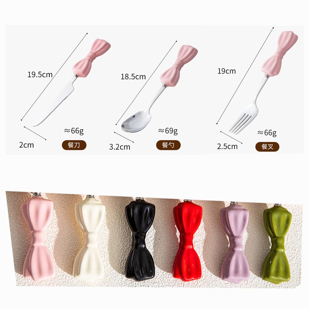 Bowknot Manico in Ceramica Cucina in Acciaio Inox Argenteria Stoviglie Posate Set Posate Bistecca Coltello Forchetta Cucchiaio Cucchiaio Cucchiaino (Nero,12 pezzi)
